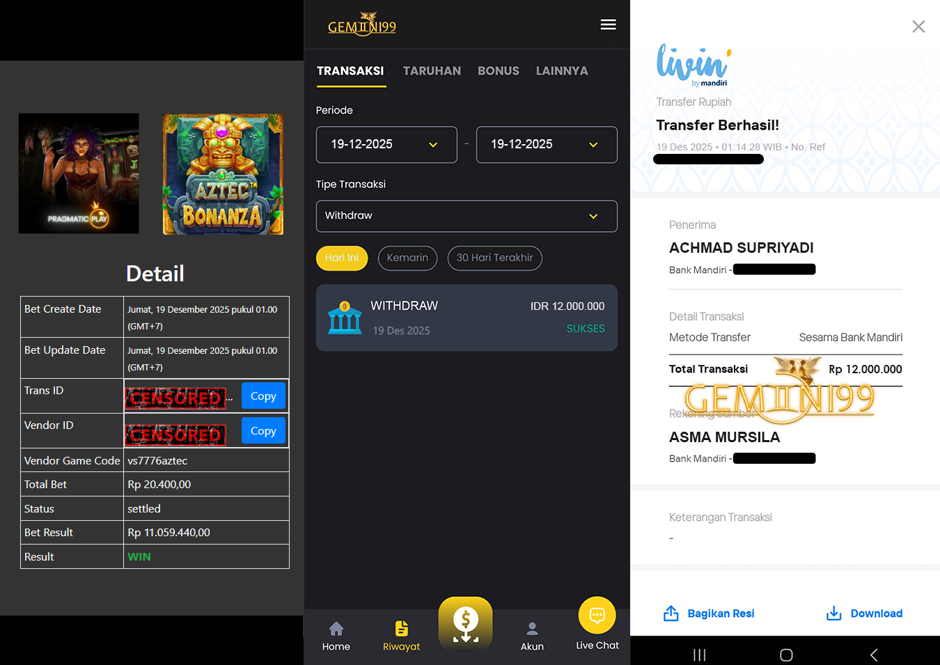 GEMINI99 BUKTI WITHDRAW (AZTEC BONANZA) DIBAYAR LUNAS